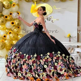 Черное мексиканское платье Quinceanera 2024 Бальное платье Charro с 3D-цветочным узором Sixteen Sweet 15 Платье на день рождения на шнуровке Пышное платье Para Luxury Savistidos Vestidos De Xv 15 Anos VIntage