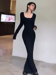 QWEEK Y2K Sexy Black Dres Vintage Wrap Slim Bodycon Long Dresses Party Evening Square Collar 2023 Fashion Spring Outfits 240115