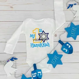 Rompers My 1st Hanukkah Print Newborn Rompers Chanukah Baby Girl Boy Clothes Long Sleeve Spädbarn Bodysuits Kids Festive Jumpsuit Outfits H240508