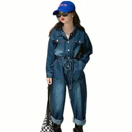 Barn denim jumpsuit för tjej tonåriga barn arbetar kläder långärmad romper för barn 240115