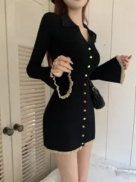 Deeptown Coquette Siyah Mini Kabare Dres Kore tarzı Y2K Tatlı Ruffles Uzun Parlamış Kovan Tunik Örme Elbiseler Sonbahar 240115