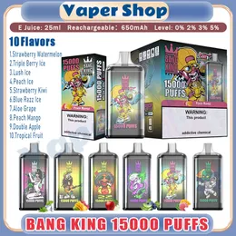 Varejo Bang King 15000 Puff Descartável E Cigarros 25ml Pod Bateria Recarregável Puffs 15K 0% 2% 3% 5% RBG Light Vape Pen