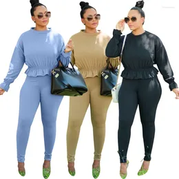 Calças femininas de duas peças Kalenmos outono conjunto streetwear sweatsuit mulheres babados colheita top legging treino combinando roupa de fitness