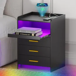 Mesa de cabeceira Gurexl RGB com estação de carregamento sem fio e portas USB, mesa de cabeceira regulável com sensor automático LED de 24 cores, mesa de cabeceira moderna com 3 gavetas