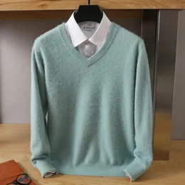 100% Pure Mink Cashmere Sweater Men's V-Neck Pullovers Knit stor storlek mink tröja vinterlång ärm avancerade hoppare toppar 240116
