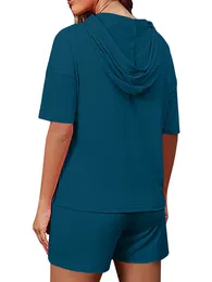 Femmes 2 pièces survêtement tenues couleur unie à capuche sweat à capuche et manches courtes hauts cordon taille élastique ensemble Short et haut 240115