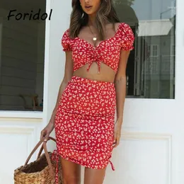 Party Kleider Frauen Mode Rot Gestellte Kleid Anzüge Floral Print Bodycon Mini 2 Stück Sets 2024 Sommer Strand Boho vestidos