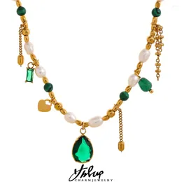Pingente colares luxo bling verde zircônia cúbica natural pérola pedra corrente colar moda aço inoxidável jóias artesanais