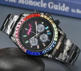 Casal quartzo moda homens mulheres relógio data automática diamantes coloridos anel céu estrelado relógio relógio cronômetro funcional completo relógio de pulso com cinto de aço inoxidável de alta qualidade
