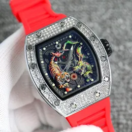 MENSKRAVER 44mm Commercial Dragon and Tiger Dial Mechanical Texture Diamond Dial Rubber Strap Watches Fashions Wristwatch Gift Bra trevligt