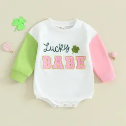 -10-31 LioRaitiin 0-18m Född babyflicka Romper kontrastfärg långärmad bokstav Bodysuit Baby Day kläder 240115