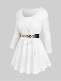 Suéter feminino rosagal plus size, pulôveres brancos com nervuras, painel dobrável, gola virada para baixo, cinto de malha