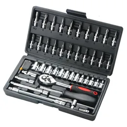 46Pcs Combination Tool Kit 14 Ratchet Wrench Socket Screwdriver With Plastic Toolbox Spanner Household Car Repair Hand Tool Set 240115