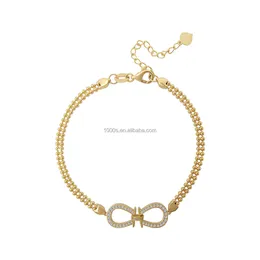 Oro massiccio pregiato con braccialetto di diamanti da laboratorio Catena di perline Due rotoli Gioielli di design speciale per regalo per donne e ragazze