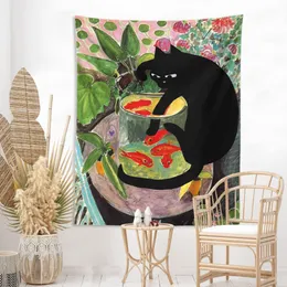 Arazzo con gatto e pesce rosso, decorazione floreale retrò con immagine a olio, stampa minimalista, appeso a parete di arte moderna