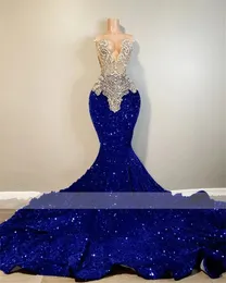 Luxury Royal Blue Sequins Mermaid Prom Dresses 2024 For Black Girls Beaded Crystals Formal Evening Party Gowns Robe De Soiree