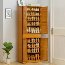 4 Doors 10 Tier Shoe Cabinet with Drawer, Brown Bamboo Adjustable Boots Shelves, Shoe Rack, Bamboo Entryway Shoe Rack Organizer, Sneaker Storage, Boot Storage