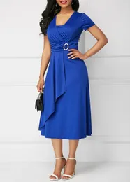 Elegant Women Solid Color Short Sleeve v Neck Asymmetric Hem Waist Tight Midi Party Dress Ladies Evening Vestidos Df4916 240115