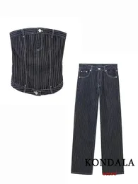 KONDALA шикарная уличная одежда, джинсовые полосатые сексуальные женские костюмы, мода 2023, облегающий топ на пуговицах с ремешками, длинные широкие джинсы 240115