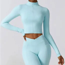 Kvinnors hög elastiska skörd topp spandex långärmad yogakjortor sportkläder yoga jacka träning gym kläder sportkläder kostym 240116