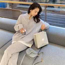 Autumn Knitted Pant Suit Korean Fashion Retro Casual Loose Overdimased Stand Collar Sweater Pants 2st Matching Set 240115