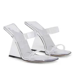 شهيرة 23s/s الصيفية نساء فلورانس Plexi Sandals أحذية النساء البغال PVC Strappy أسافين عالية الكعب سيدة حفل زفاف سيدة مثير المضخات EU35-42