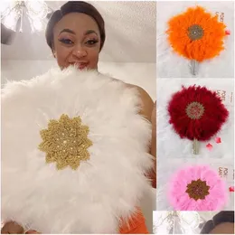 Decorative Figurines African Mariage Handle Fan White Feather Big Hand Nigerian Dance Performance Party Bridal Fans For Bride Weddi Dh8L1