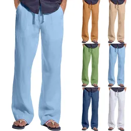 Мужские брюки из хлопка и льна, уличные, однотонные, с завязками, с несколькими карманами, свободные, прямые, короткие сипперы для малышей