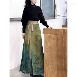Etekler geleneksel günlük Hanfu Kadınlar Çin tarzı takım elbise nakış kolu at yüzü pileli etek moda sokak aşınma giyim