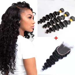 Brazilian Loose Deep Wave Human Virgin Hair 3 Bundles With 4x4 Lace Closure Bleached Knots 100g/pc Natural Black Color 1B Double Wefts Hair Extensions