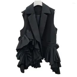 Coletes femininas primavera outono irregular em camadas babados design solto blazer preto colete mulheres ruched terno colete feminino sem mangas jaqueta