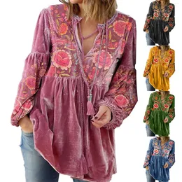 Женские блузки, бархатный укороченный топ с запахом, длинный рукав, V-образный вырез, завязка спереди, нарядная блузка с цветочным принтом, объемные женские топы, летние