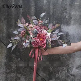 Kwiaty ślubne zwięzione fioletowe vintage bukiety panny młodej Symulacja jesień Pography Rekwizyty ślubne trzymanie jesiennej dekoracji