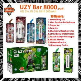 Original Uzy Bar 8000 Puff Disposable Vape Pen 0% 2% 3% 5% Styrka Mesh Coil 18 ML POD PULDS 8K E Cigaretter 600mAh Battery