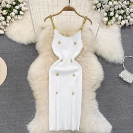 Sexy Sleeveless Elastic Knitted Body Dress Sexy and Unique Tank Top Women's Summer Ultra Thin Women's Chain Slide Dress 240116