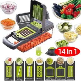 1 Stück Grün Schwarz 12 in 1 Multifunktions-Gemüsehobel Cutter Shredders Slicer mit Korb Obst Kartoffelhacker Karottenreibe