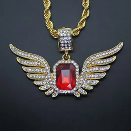 Hip Hop Angel Wings med Big Red Ruby Pendant Halsband för män Kvinnor Iced Out Jewelry2497