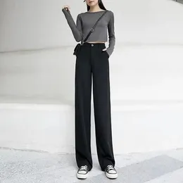 Kadın pantolon pantolon için pantolon çalışma düğmeleri geniş bacak fermuar siyah terzilik şık ofis vintage rahat