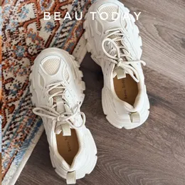 BeauToday Chunky Sneakers Women Genuine Leather Mesh Patchwork Round Toe Lace-Up Thick Sole Ladies Shoes Handmade 29448 240115