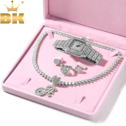 THE BLING KING Heart Jewelry Watch Set Iced Out Cubic Zirconia Initial Letter Heart Baguettecz Ring Earring Jewelry Set 240115