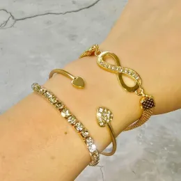 18k Gold Silver Love Open Bracelet Creative Matching Fashion Crystal Infinite 8-shaped Bracelet Set, 3pcs/set