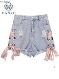 Women's Jeans Sexy Women Denim Shorts 2023 Summer Blue Jeans Y2k Streetwear Fashion Ripped Hole Pink Side Lace Up Bow Hot Pants 2000s Gyaru YQ240116