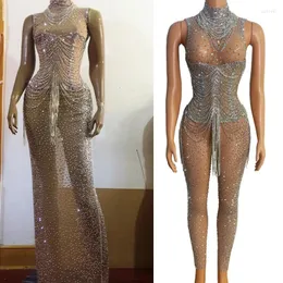 Bühnenkleidung Sexy Silber Strass Kleid Taille Fransen Kette Overall Frauen Sänger Geburtstag Feiern Kostüm Festival Outfit XS6496