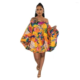 Etnische kleding Afrikaanse jurken voor dames Zomermode Stretch off-shoulder Slash Neck Lantaarn Lange mouw Print Jurk Kleding