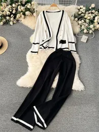 SINGREINY Spring Women Knitted Suits Fashion Long Sleeve Button CardigansWide Legs Long Pants Casual Loose Two Piece Sets 240115