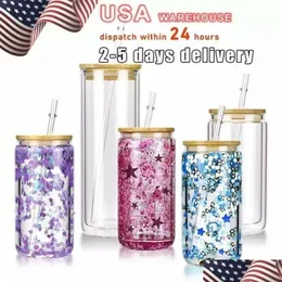 Clear Sublimation Mugs Us Warehouse 12Oz 16Oz 25Oz Tumblers Double Wall Glass Tumbler Glitter Diy Snow Globe Blank Can With Bamboo Dhilp