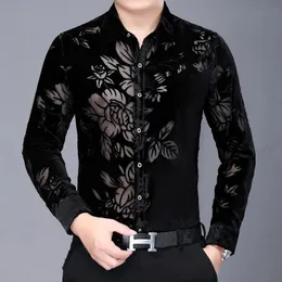 Veludo manga longa camisa chemise homme camisa masculina de alta qualidade ver através de camisas de flores homens negócios casual camisa de escritório 240115