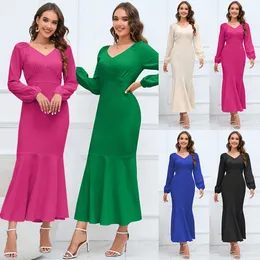 Vestido feminino plus size com decote em v manga longa saia rabo de peixe emagrecimento até a cintura ajuste fino elegante cor sólida roupas casuais