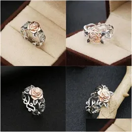 Bandringar Rose Gold Plating Rings Flower Retro Sier Plated Color Separation Handsmycken Kvinnor gåvor Valentines Day Wedding Ring Fas Dhji6