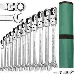 براغي Ratchet Spanner Wrench Set 8-22mm التروس الحلقة المزيج مجموعة المقياس متر مرنة مع كيس قماش 230724 DRO DHFSY